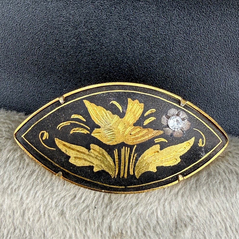 Vintage Damascene Brooch Gold Inlay Bird Rhinestone Flower